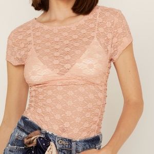 Free People  Coral Sands Keep It Simple Lace Ruched T-Shirt